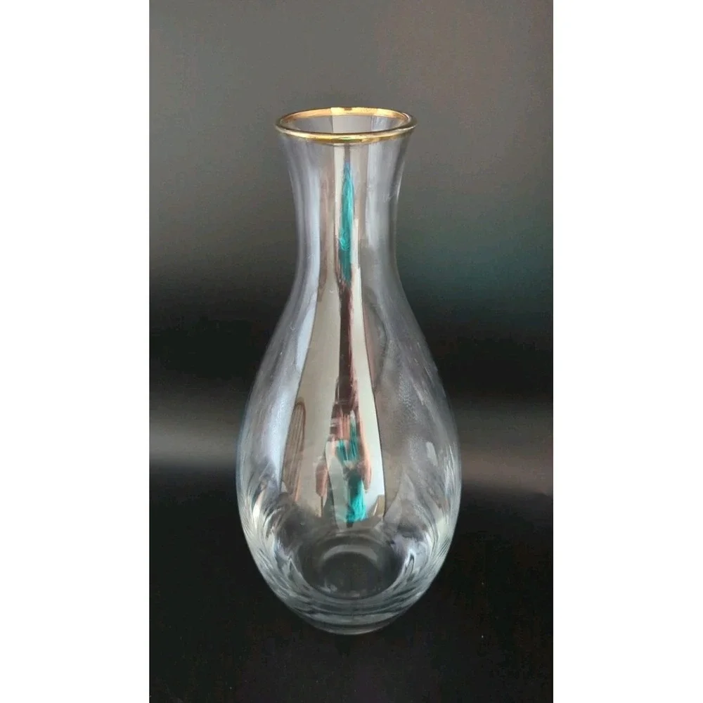 Clear Art Glass Carafe Vase Iridescent Gold Rim Bulbous Mid Century Modern Vtg